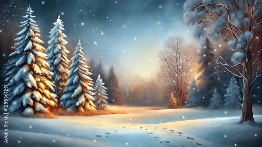 Winter wonderland landscape with snow-covered trees and soft snowfall for Christmas season, with copy space
Winter wonderland landscape with snow-covered trees and soft snowfall for Christmas season, with copy space