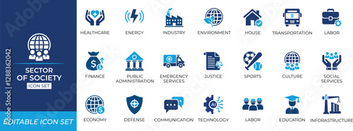 Sector of society icon set. Solid vector Editable icons collection.