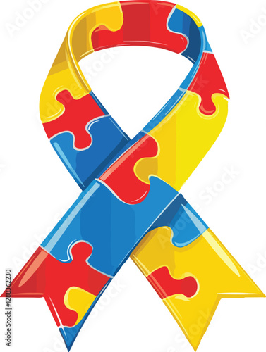 Autism Awareness Day Ribbon with Puzzle Pattern Vector Illustration