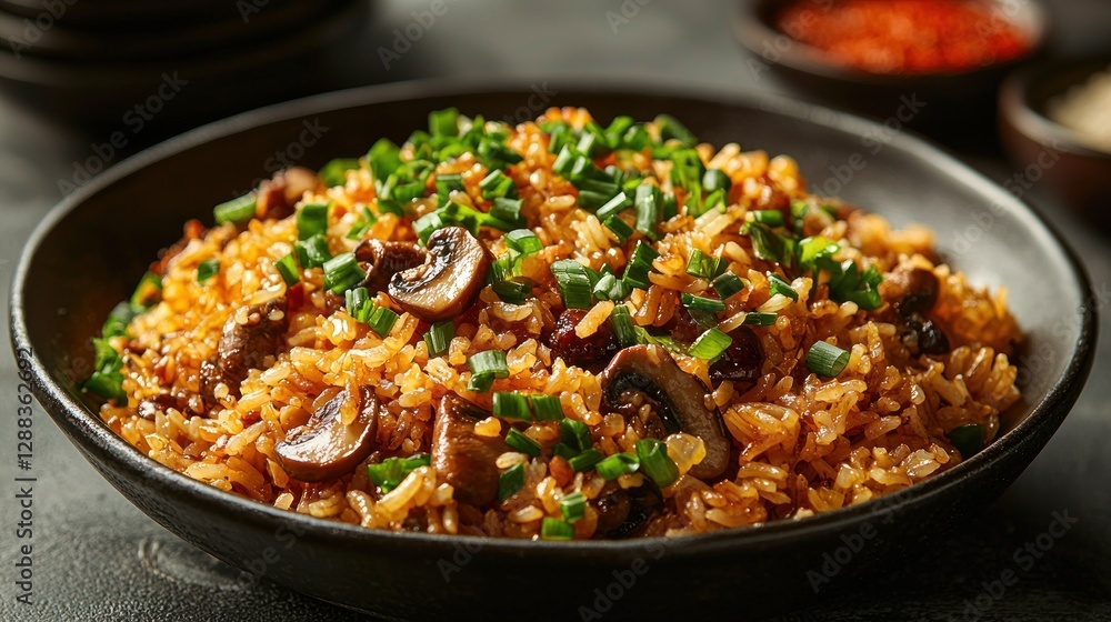 Mushroom and Soy Fried Rice garnished with green onions Mushroom and Soy Fried Rice garnished with green onions