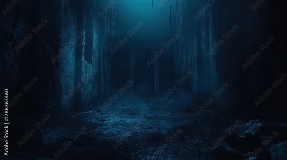 Naklejka premium Dark Mysterious Forest Path Night Moody Atmosphere Blue Light
