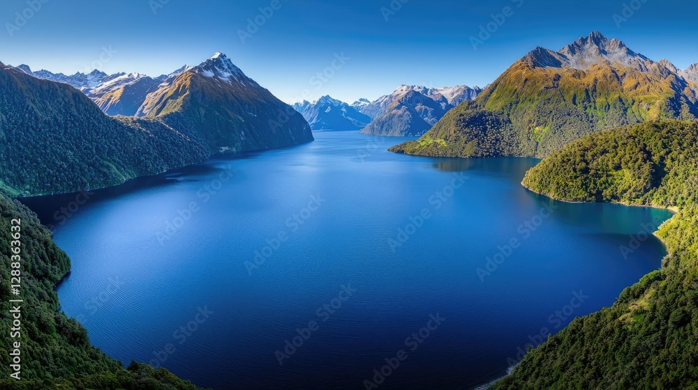 Naklejka premium Earth day environmental concept. Breathtaking views of serene lake surrounded by majestic mountains and clear blue skies.