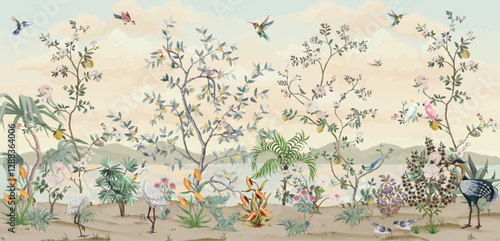 Scalamandre Blossom Chinoiserie Mural Wallpaper, Watercolor background, Wallpaper, Birds.