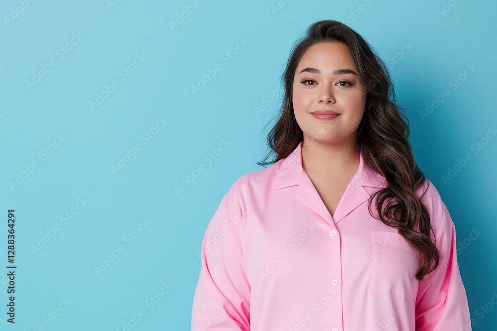 Plus-size woman in pajamas standing on soft blue background Plus-size woman in pajamas standing on soft blue background