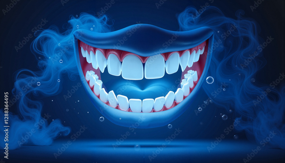 Naklejka premium Mischievous cartoon mouth grinning against deep blue mist, playful allure