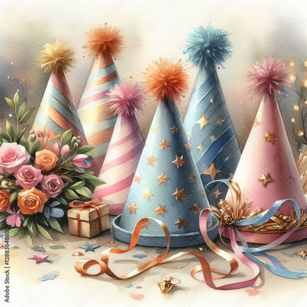 Obraz premium Watercolor Party Hat Still Life A collection of colorful party h