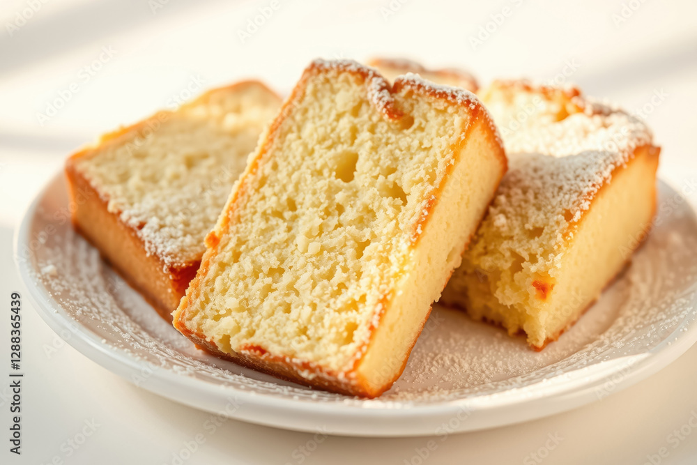White airy sponge cake sprinkled with powdered sugar on a white plate. Sweets, pastries, biscuit. White airy sponge cake sprinkled with powdered sugar on a white plate. Sweets, pastries, biscuit.