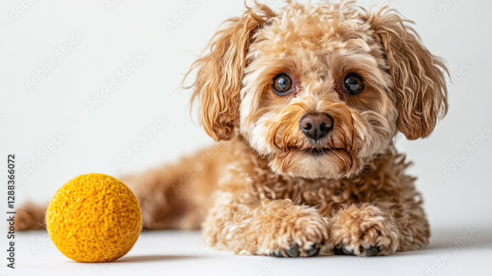 A Maltipoo dog enthusiastically plays with a small yellow ball on the floor at home, showcasing its lively spirit.