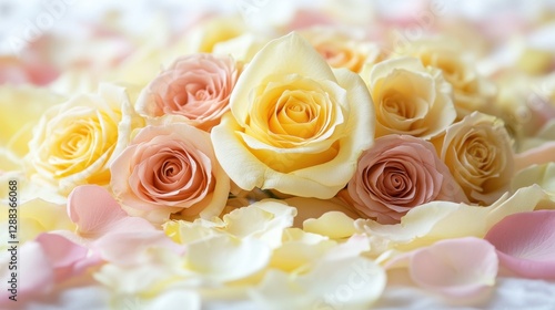 Bright and cheerful bouquet of yellow and pink roses with delicate petals resting on a pastel backdrop