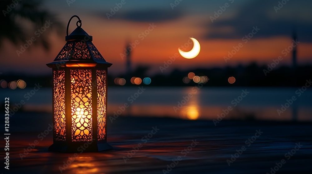 Ramadan lantern at sunset over a lake with mosque in background Ramadan lantern at sunset over a lake with mosque in background