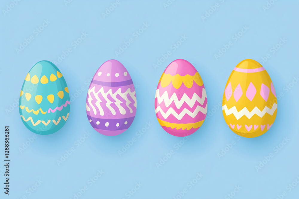Four painted eggs with different colors and patterns. The eggs are arranged in a row on a blue background Four painted eggs with different colors and patterns. The eggs are arranged in a row on a blue background