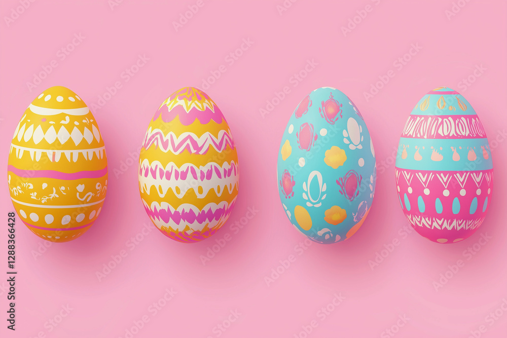 Four painted eggs with different colors and patterns. The eggs are arranged in a row on a pink background. The eggs have a playful and colorful appearance, which suggests a festive and joyful mood Four painted eggs with different colors and patterns. The eggs are arranged in a row on a pink background. The eggs have a playful and colorful appearance, which suggests a festive and joyful mood