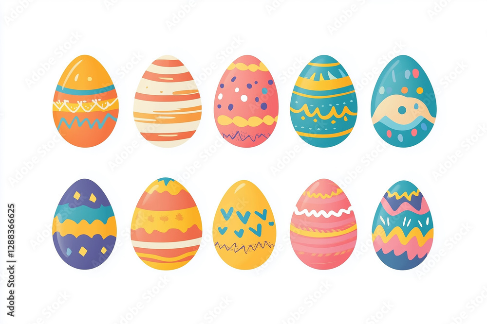 set of colorful painted eggs with different designs and patterns. The eggs are arranged in a row, with some being larger than others. Scene is cheerful and playful set of colorful painted eggs with different designs and patterns. The eggs are arranged in a row, with some being larger than others. Scene is cheerful and playful