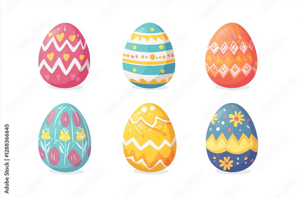 set of six colorful Easter eggs with different designs and patterns. The eggs are arranged in a row and are all different sizes. The eggs are decorated with various colors and patterns set of six colorful Easter eggs with different designs and patterns. The eggs are arranged in a row and are all different sizes. The eggs are decorated with various colors and patterns