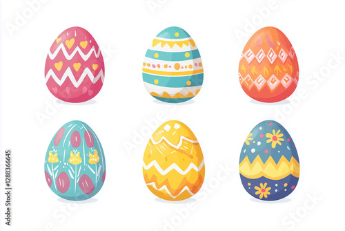 set of six colorful Easter eggs with different designs and patterns. The eggs are arranged in a row and are all different sizes. The eggs are decorated with various colors and patterns