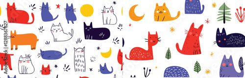 A whimsical collection of doodle-style artwork filled with adorable symbols like sleepy cats, winking moons, tiny sparkles, and fluffy bunnies.