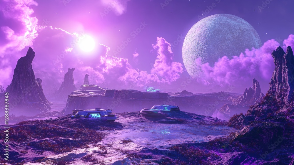 Fototapeta premium Futuristic alien landscape with glowing pink and purple clouds, otherworldly structures, and a distant planet. Lone figure and robotic companion exploring surreal terrain. Generative AI