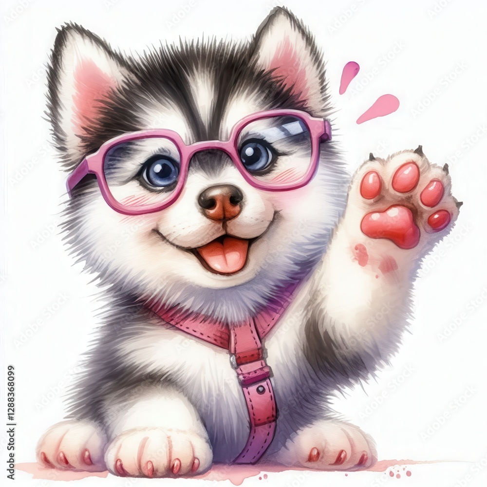 This delightful husky puppy, outfitted in stylish pink glasses and a matching harness, waves cheerfully with a sparkling smile. Its fluffy fur and playful demeanor capture pure joy This delightful husky puppy, outfitted in stylish pink glasses and a matching harness, waves cheerfully with a sparkling smile. Its fluffy fur and playful demeanor capture pure joy