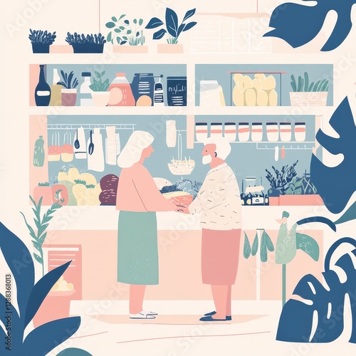 Retired couple in market, exploring fresh food section, flat design illustration