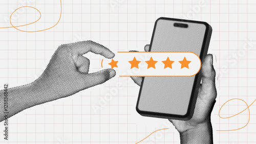halftone collage, Creative 5-star rating concept with a modern digital touch. online reviews, customer feedback, and brand reputation to enhance trust and engagement
