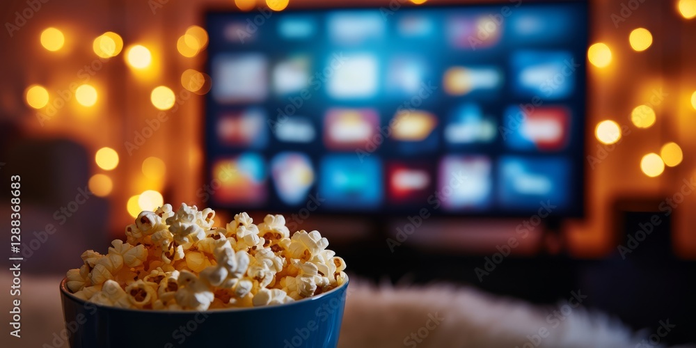 A bowl of popcorn is ready in front of the television A bowl of popcorn is ready in front of the television