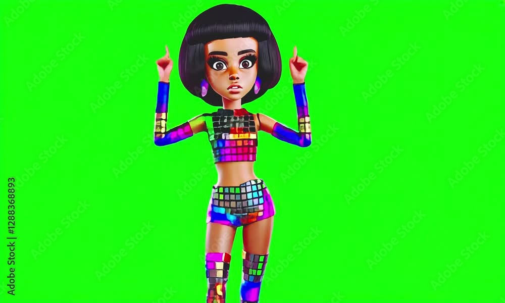 Fashion 3d character girl in disco style on green background. Fashion 3d character girl in disco style on green background.