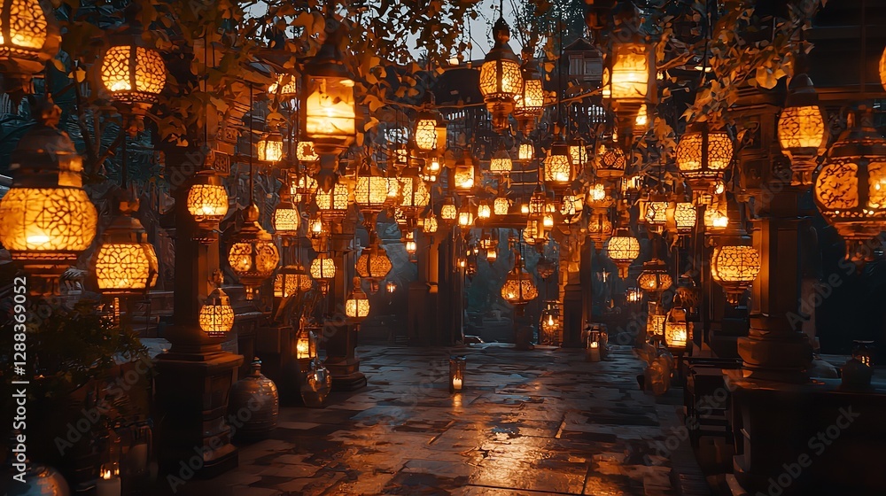 Obraz premium Glowing Traditional Ramadan Lanterns Hanging in a Night Sky with Sparkling Lights