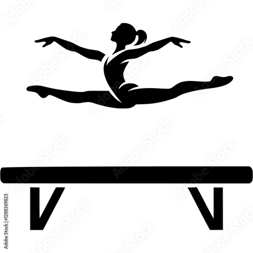Sport emblem of girl gymnast in a vertical split while jumping over balance beam in monochrome. Engraving minimalistic vector in black ink drawing on transparent background