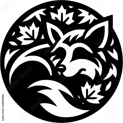 Tattoo of fox sleeps in a pile of last year leaves in monochrome. Engraving minimalistic vector in black ink drawing on transparent background