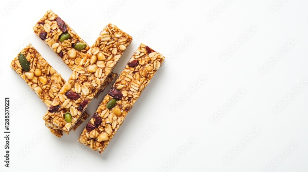 A package of processed plant-based granola bars, arranged neatly on a white background with ample space for text. A package of processed plant-based granola bars, arranged neatly on a white background with ample space for text.