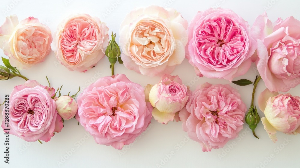 Delicate arrangement of pink roses placed in a semi-circle on a white canvas, minimal and aesthetic Delicate arrangement of pink roses placed in a semi-circle on a white canvas, minimal and aesthetic