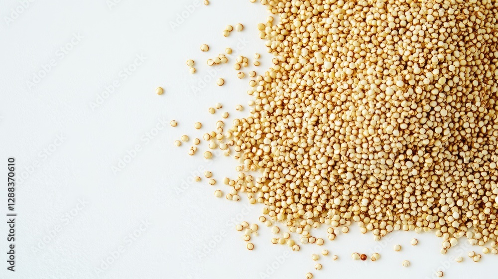 A pack of organic processed quinoa flakes, neatly arranged on a clean white surface, ready for branding. A pack of organic processed quinoa flakes, neatly arranged on a clean white surface, ready for branding.