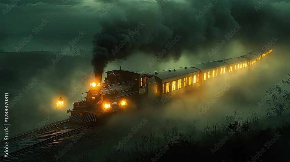Fototapeta premium Vintage steam train traveling through a misty countryside at dusk, with glowing lanterns and billowing smoke. Dramatic lighting highlights the locomotive's intricate design. Generative AI