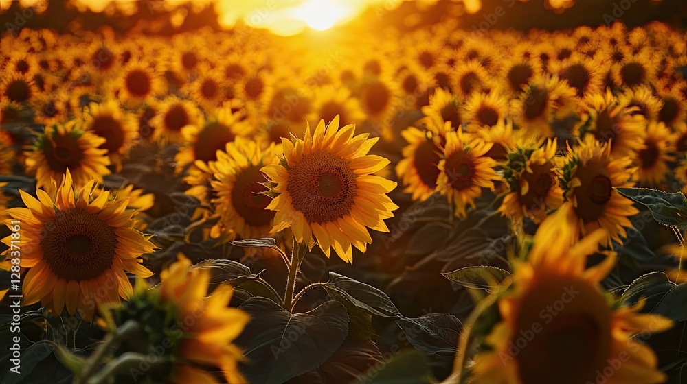 Fototapeta premium Field of vibrant sunflowers basking in golden sunlight during a warm summer evening. A serene natural scene with soft focus on the glowing petals and clear skies. Generative AI