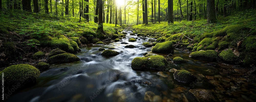 Obraz premium Earth day environmental concept. A serene forest scene with a flowing stream and vibrant green moss under sunlight.