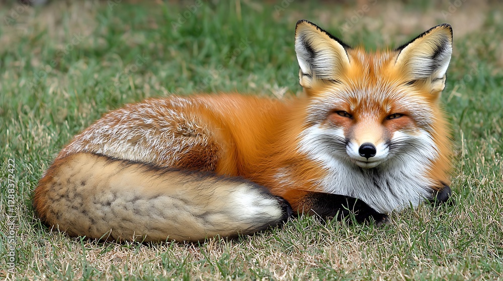 Obraz premium Red fox resting on green grass, relaxed animal portrait in sunny outdoors, wildlife background for nature prints