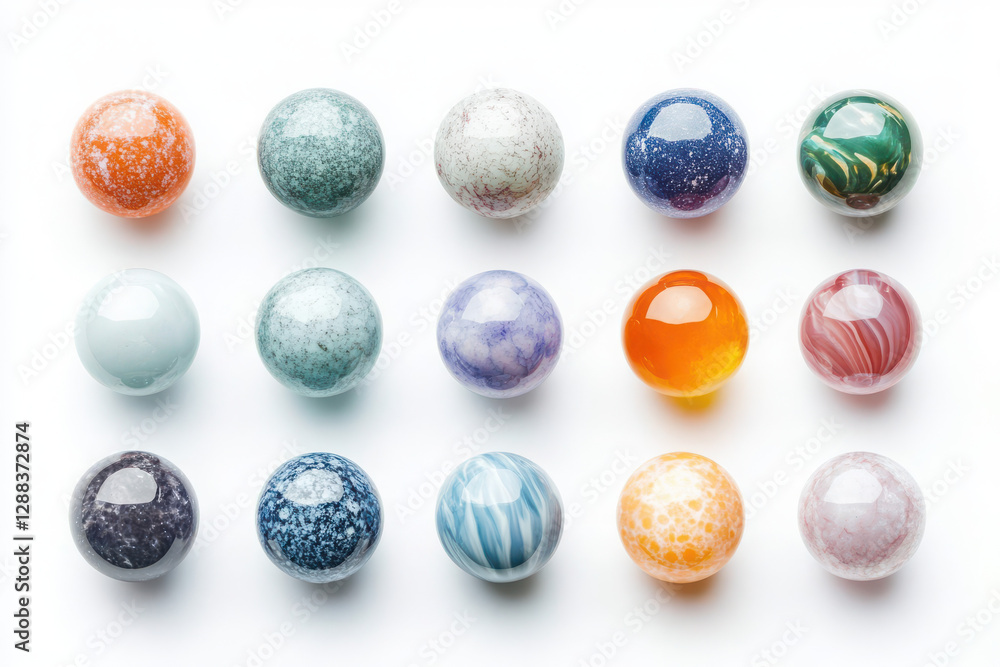 Collection of colorful glass marbles with vibrant patterns on white background Collection of colorful glass marbles with vibrant patterns on white background