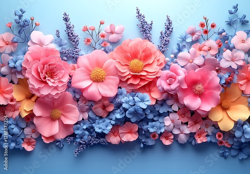 Vibrant Pink and Blue Floral Arrangement on Soft Blue Background

