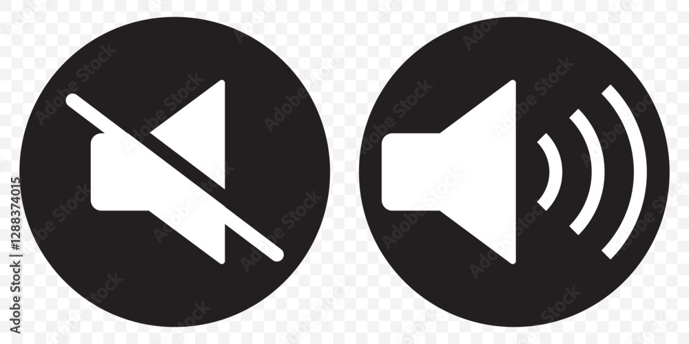 Mute speaker, sound off icon vector set collection. Volume, audio sign symbol. Speaker and mute icon set in black circles. EPS 10. Mute speaker, sound off icon vector set collection. Volume, audio sign symbol. Speaker and mute icon set in black circles. EPS 10.
