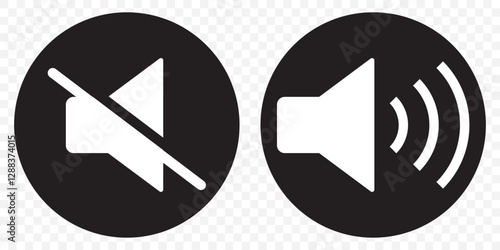 Mute speaker, sound off icon vector set collection. Volume, audio sign symbol. Speaker and mute icon set in black circles.  EPS 10.