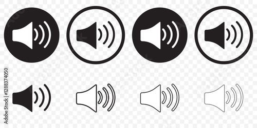 An icon that increases and reduces the sound. Icon showing the mute. A set of sound icons with different signal levels in a flat style. Vector. sound volume and mute icon. EPS 10.