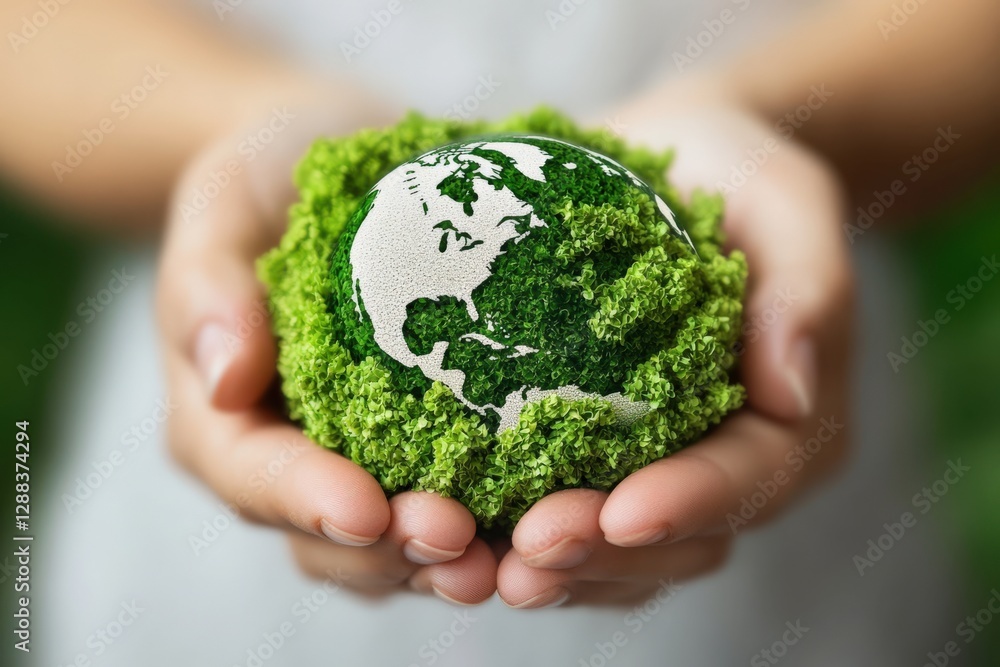 A Close-Up of Hands Supporting a Green Earth Model Surrounded by Lush Greenery, Symbolizing Environmental Conservation and Sustainability Efforts A Close-Up of Hands Supporting a Green Earth Model Surrounded by Lush Greenery, Symbolizing Environmental Conservation and Sustainability Efforts
