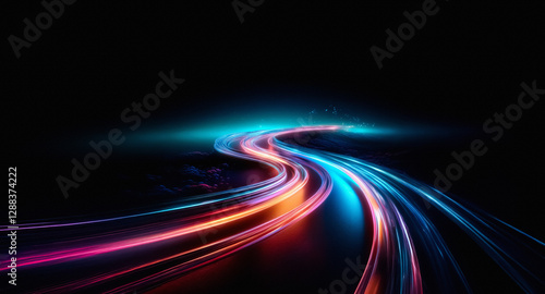 Streaking colorful lights on black backdrop. Dynamic motion created by vibrant blue, cyan, red, and pink light trails in dark space.