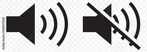 Mute speaker, sound off icon vector set collection. Volume, audio sign symbol. Speaker and mute icon set in black circles.  EPS 10.
