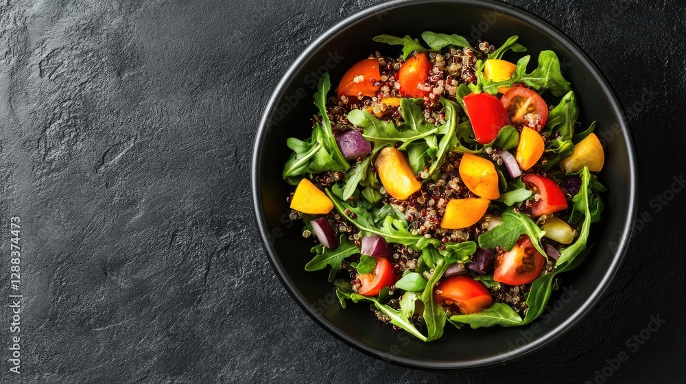 A bowl of processed plant-based quinoa salad with vegetables, served with space for customization. A bowl of processed plant-based quinoa salad with vegetables, served with space for customization.