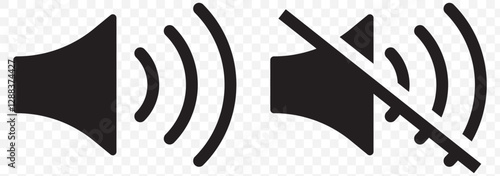 Mute speaker, sound off icon vector set collection. Volume, audio sign symbol. Speaker and mute icon set in black circles.  EPS 10.