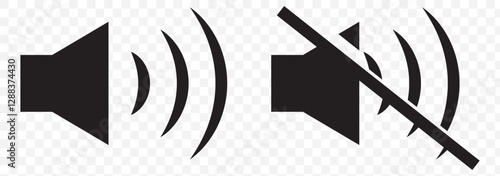 Mute speaker, sound off icon vector set collection. Volume, audio sign symbol. Speaker and mute icon set in black circles.  EPS 10.