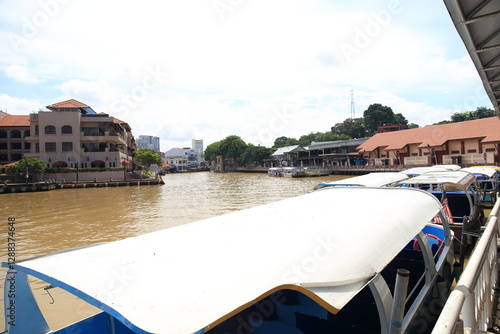 MELAKA, MALAYSIA - May 5, 2024 :  View of the World Heritage city of Melaka from the water