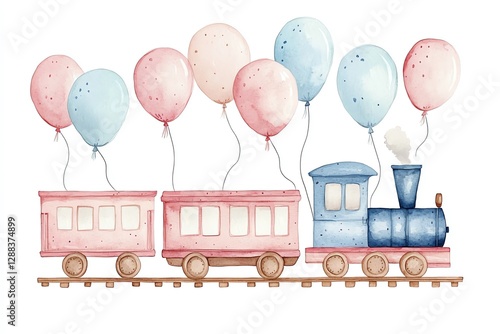 Cute Watercolor Train with Balloons Illustration for Children's Designs