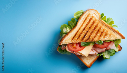 Club sandwich on plate light Blue background Flat lay Modern style Breakfast concept Cafe restaurant menu 